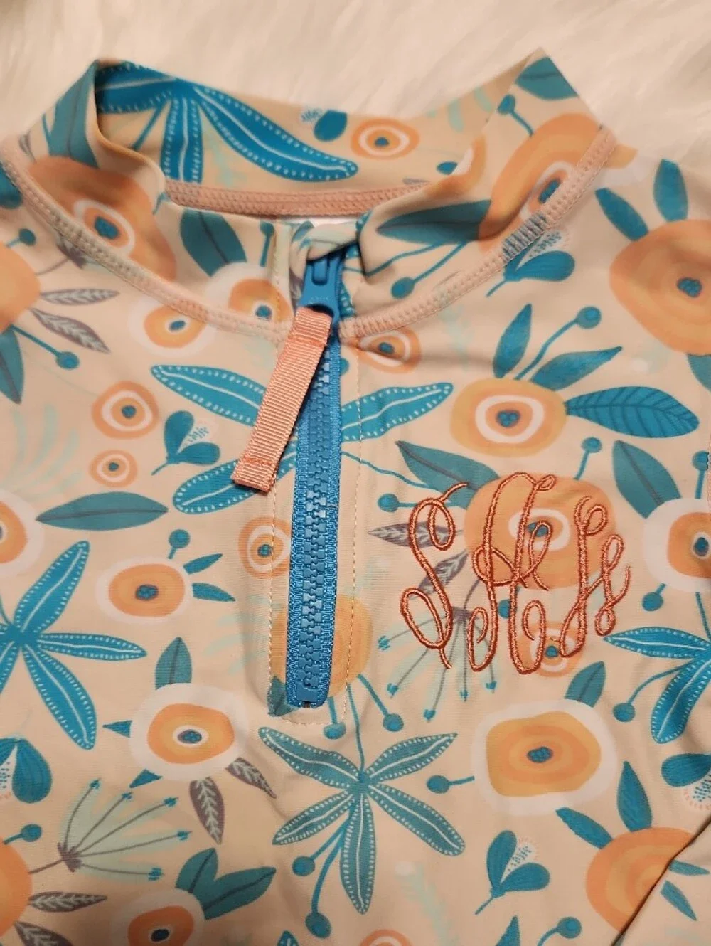 Ruffle Butts Kids Floral Long-Sleeve Swim Top - Peach & Teal - Girls Size 5